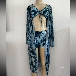 Chic Blue and Black Geometric Bikini Set with Cover-Up